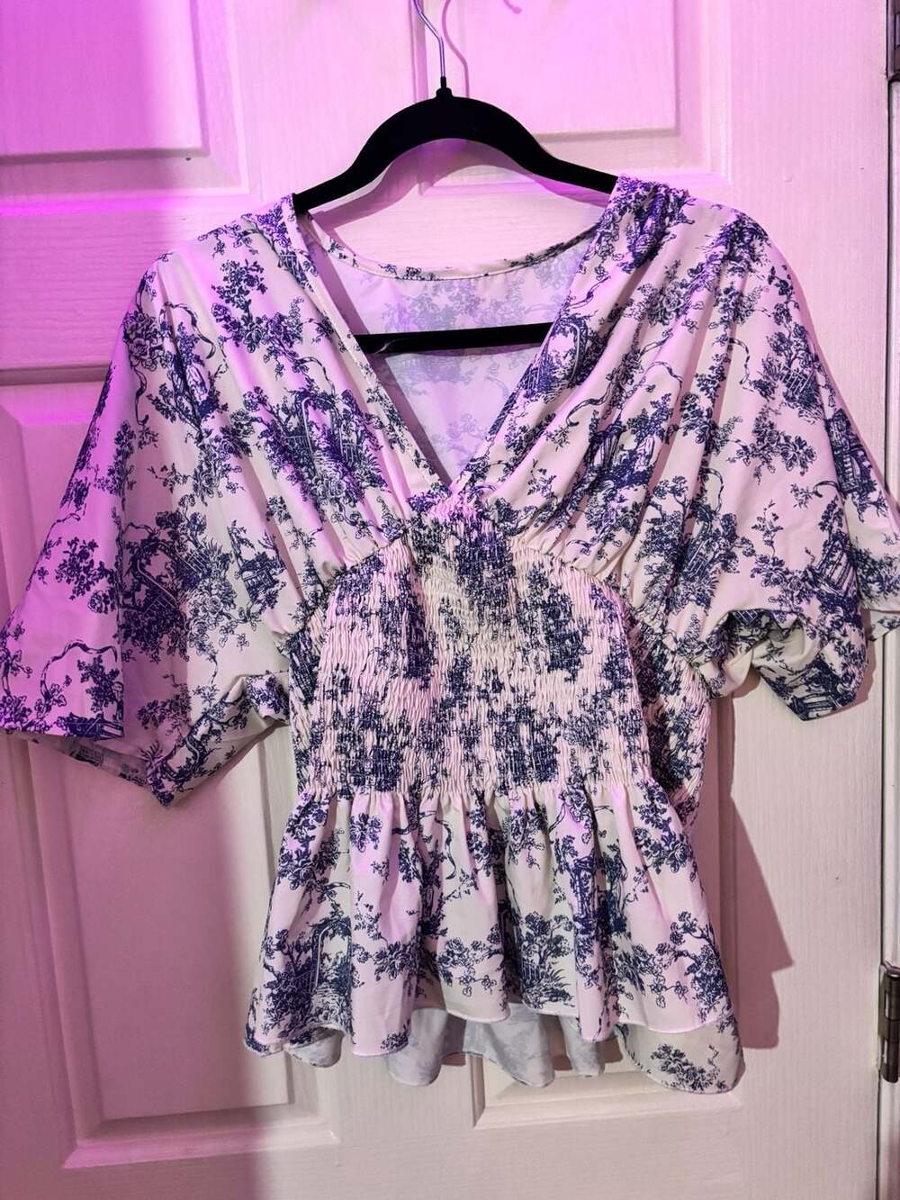 Unbranded Toile De Jouy Print Smocked Blouse Size L Blue White